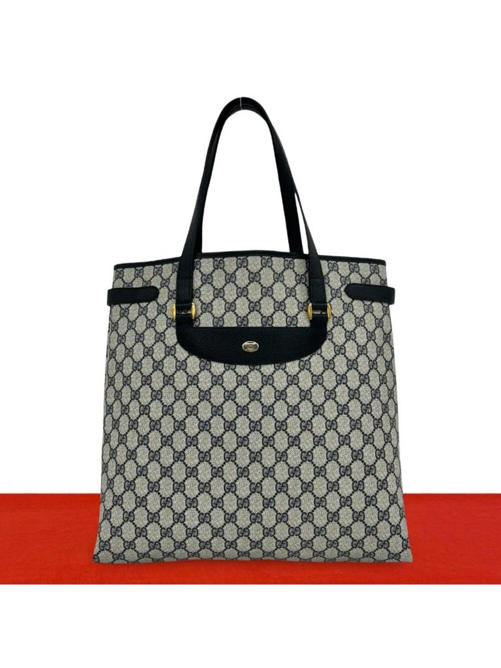 Gucci Vintage GG Logo Pattern Leather Tote Shoulder Bag Navy
